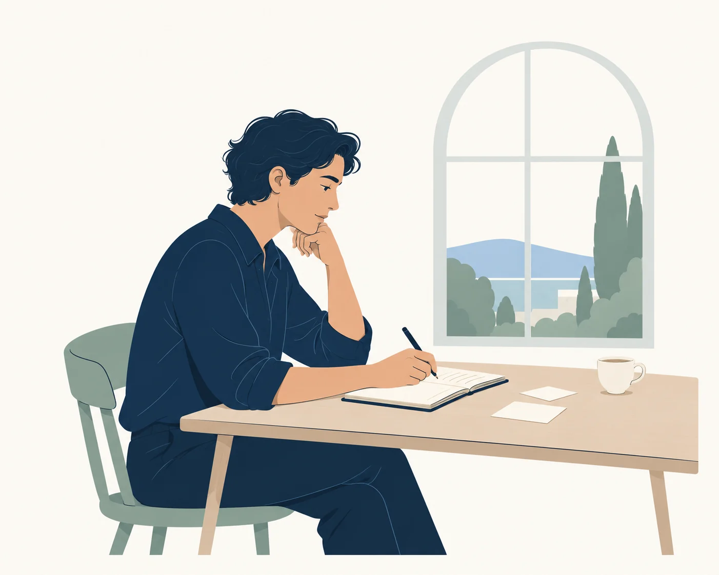 Una persona hace una pausa para escribir en un cuaderno junto a una ventana.